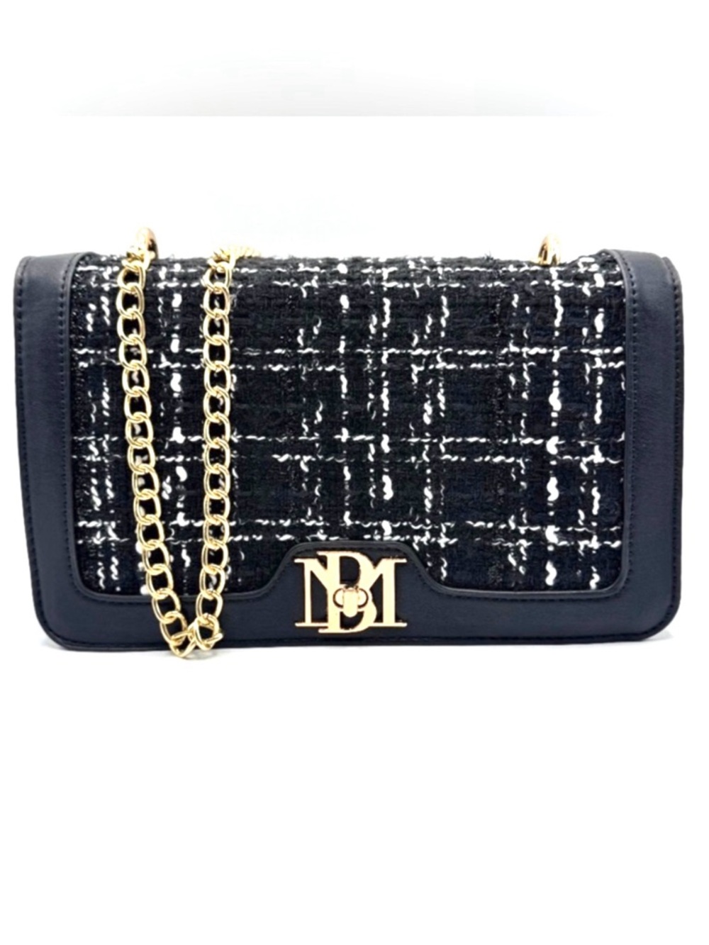 Badgley Mischka Black & White Tweed Big Crossbody Bag w Vegan Leather Frame NWT